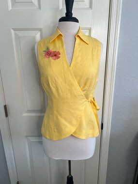 Vintage Chadwick’s yellow linen pink floral wrap sleeveless top size 8p